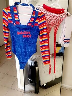 Solstice Blue One-Piece with Rainbow Striped Sleeves